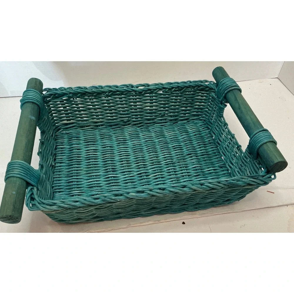 Vintage Wicker Basket Teal Woven Wood Handles 11x8 Cottagecore